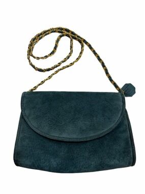 Jennifer Moore Teal Suede Leather Gold Chain Shoulder Bag